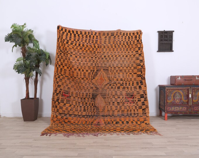 Orange and black rug,Checkered carpet,Abstract wool rug,Moroccan handmade rug,Area berber rug 8FT x 5ft
