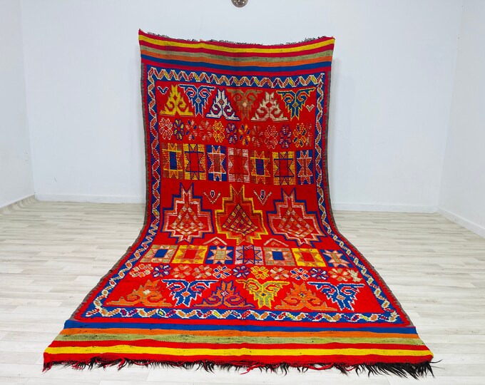 Freeshiping-Presigious Moroccan Vintage  Berber Rug 12.7X6Ft-Berber Creations-Azilal Rug-Handmade Colorful Diamonds-