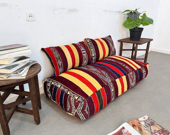 Moroccan kilim pouf,colored floor cover,Moroccan authentic pouf deal for 2 pillow covers & 1 large floor cushion 48" x 24" 8"/24" x 16"