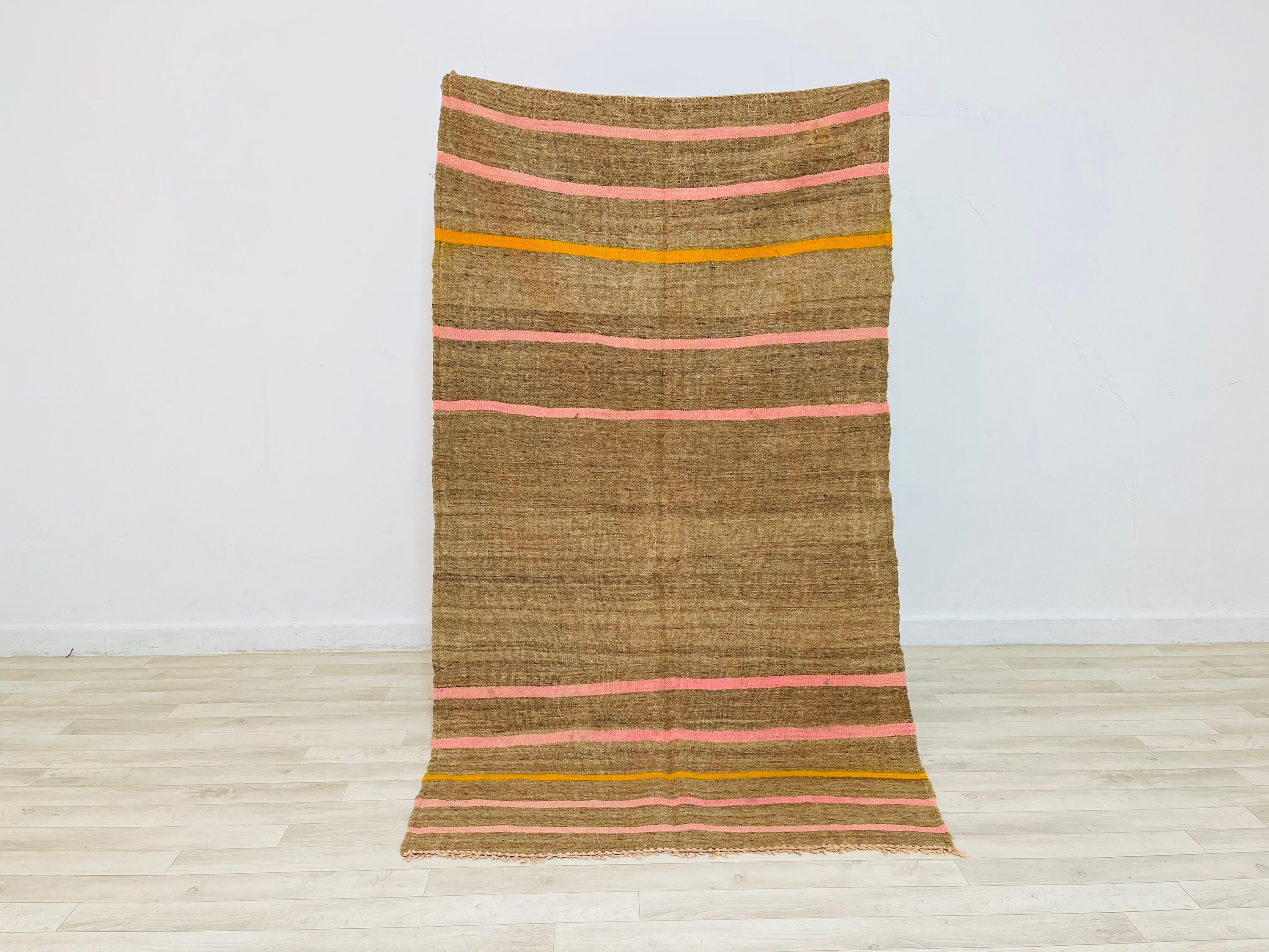 Handwoven Vintage Moroccan Kilim 6.3x3.6 Ft-Pink Orange Gray Striped Design