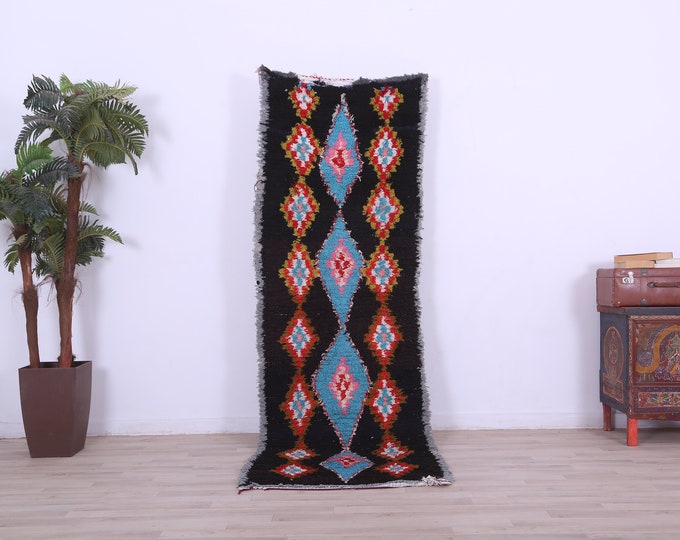 Black vintage art rug, modern rug ,floor rug, offce rug, colorful rug,7.9,x2.7FT