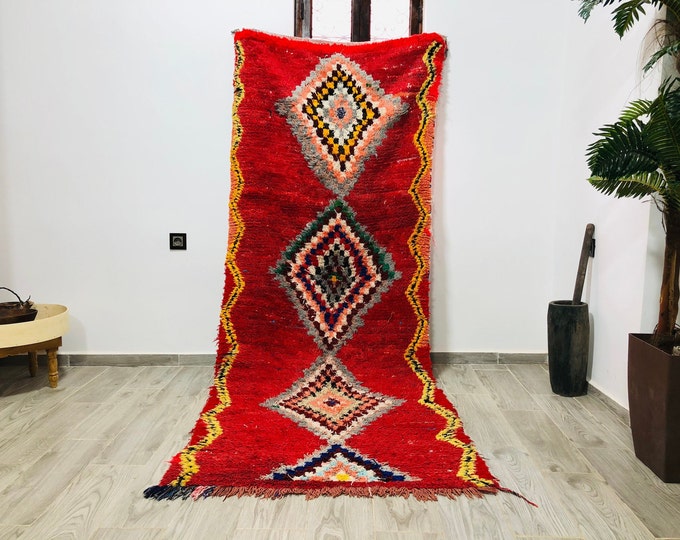 Abstract Boho Boucherouite Rug8.7FTx3.4FT_Vintage Morocco Rug_Organic rug_Luxury Boucherouite_Freeshipping
