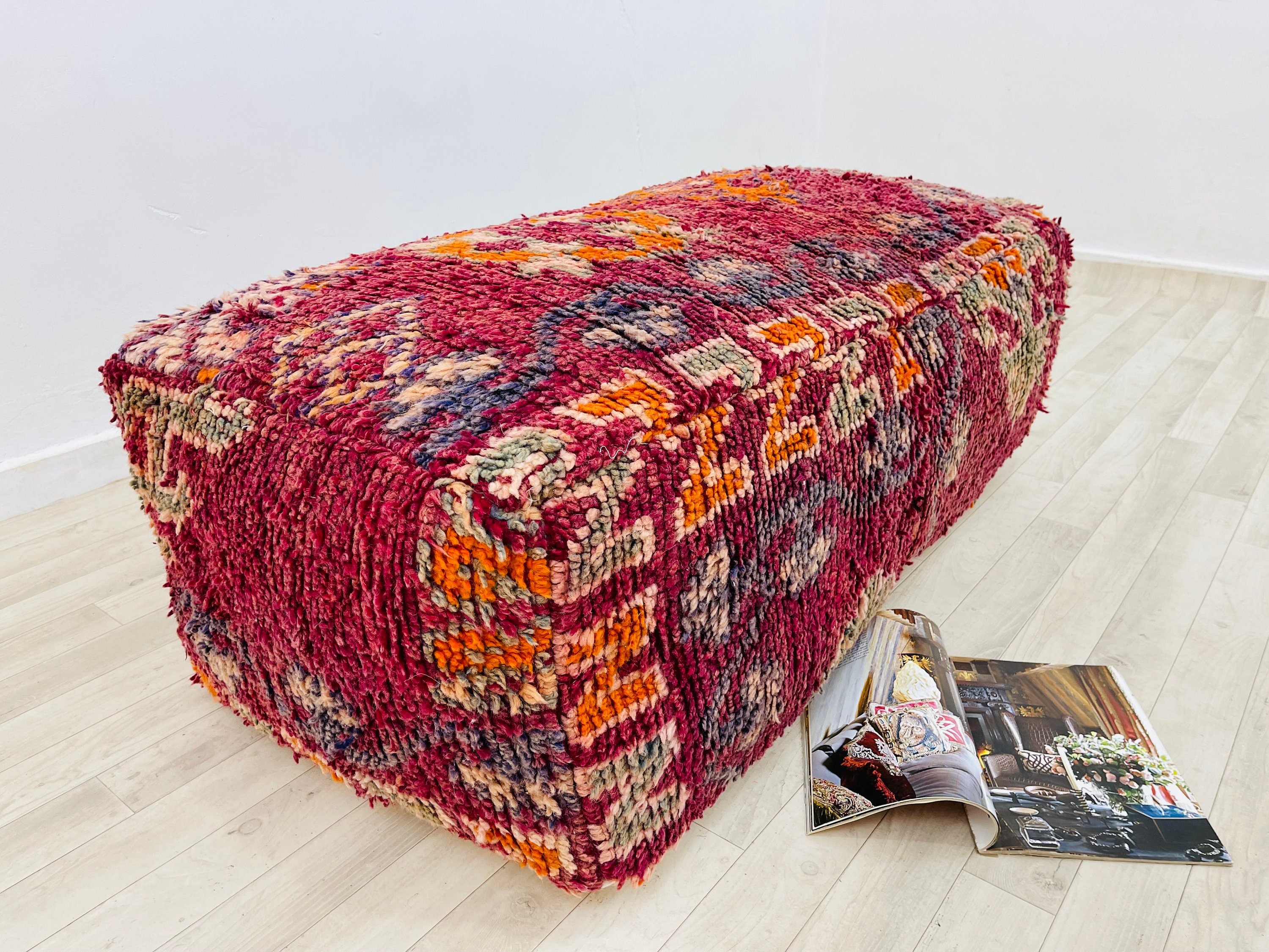 Moroccan Vintage Floor Pouf Rectangular Cushion Handmade Wool Ouf Large Pouffe Aprox 48 24 16