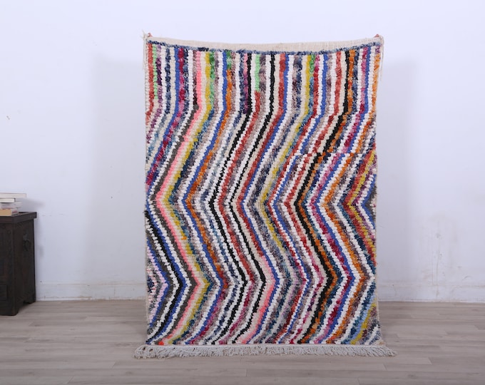 Striped Boucherouite rug,Moroccan wool rug,Authentic Boucherouite rug,farmehouse carpet 4.6ft x 3.3ft