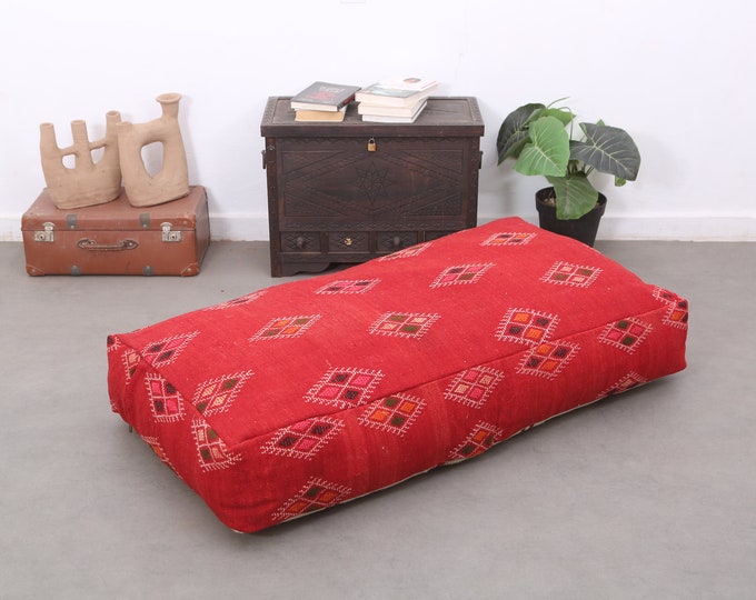 Rectangular red Floor Cushion Moroccan Kilim Pouffe Handwoven Floor pouf Large Pouf 48" 24" 8"