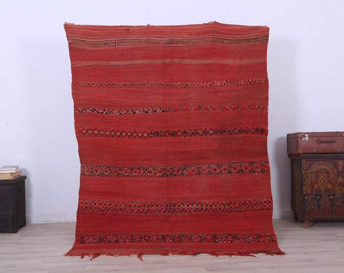 Red vintage kilim rug,Area kilim rug,Abstract handmade rug,traditional wool kilim 6.3ft x 5ft