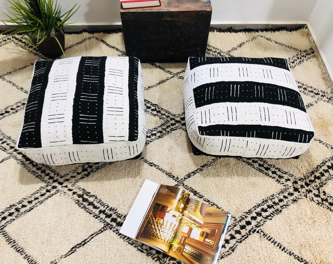 African pouf white & black hand woven indigo fabric puff pillow cover 24"24'8"freeshipping