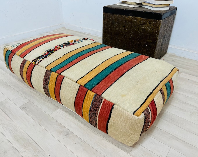 Vintage Moroccan kilim Pouf-Ottoman Floor Cushion-Rectangular Stool pouf-Berber Floor Stool 48" 24" 8"