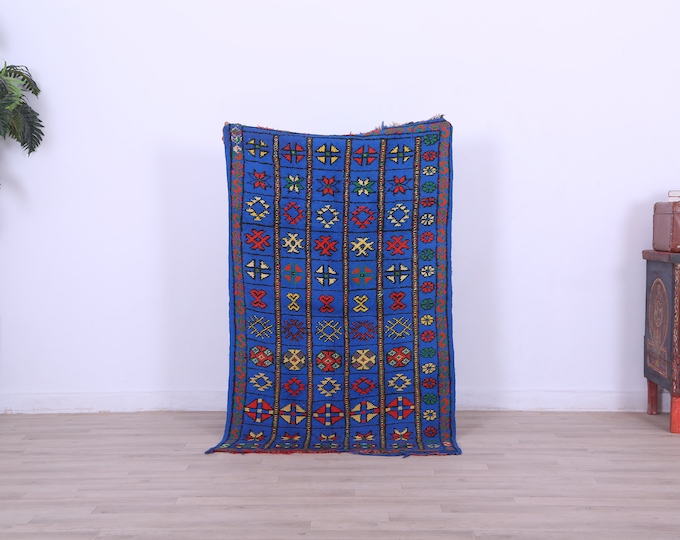 Blue moroccan rug, rugs for living room, area rug, vintage berber rug 4.3x2.7FT