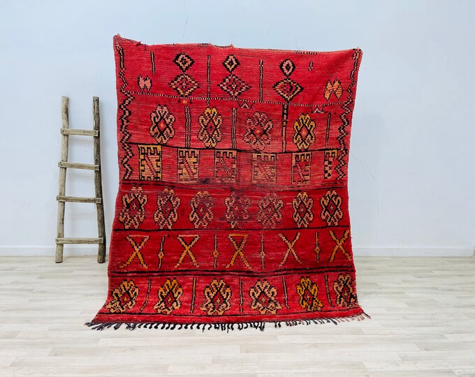 Red vintage rug,Berber tribal rug,Moroccan rug,Handmade carpet 6.8ft x 5.4ft