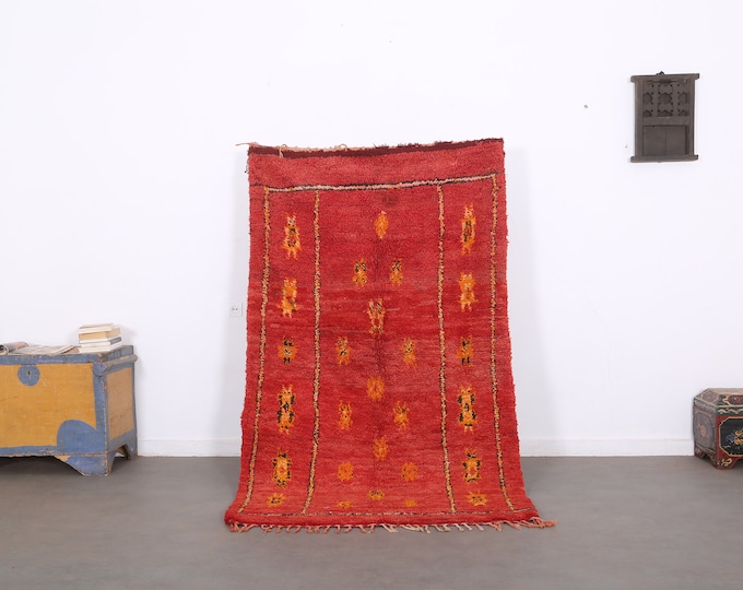 Red rug,moroccan berber carpet,organic boujaad,vintage wool rug 6.7 FT x 4 FT