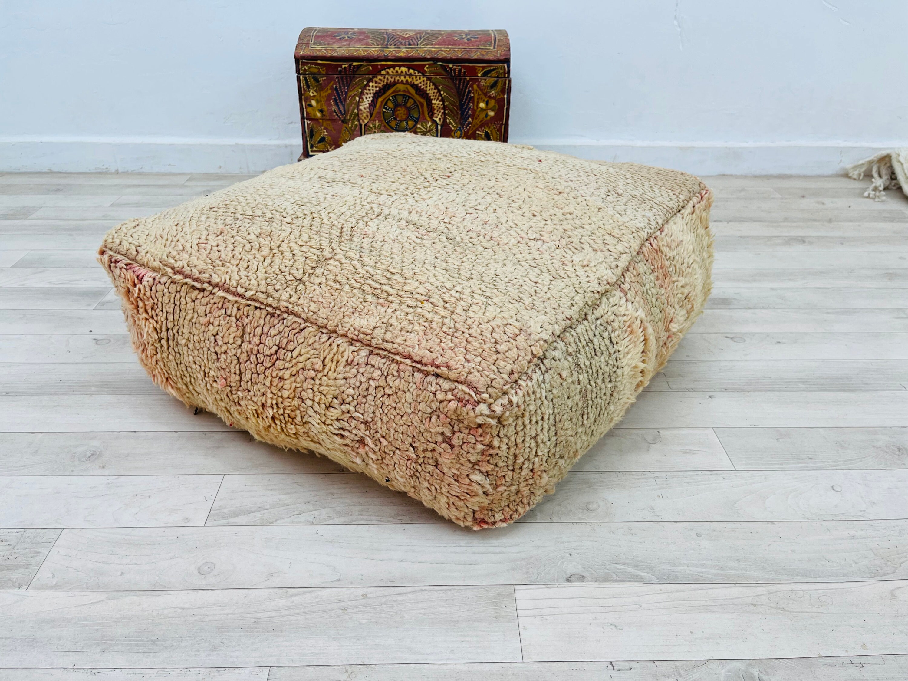 Vintage Square Floor Pouf Berber Moroccan Faded Wool Pouffe 24 8 Inches