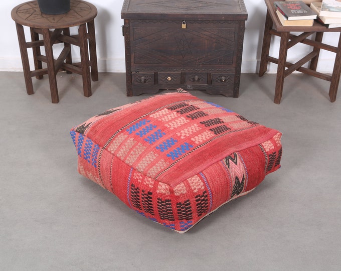 Colored Moroccan Kilim Pouf,Vintage Rug Pouf,Square Pouf,Floor Kilim Cushion24" 24" 8"
