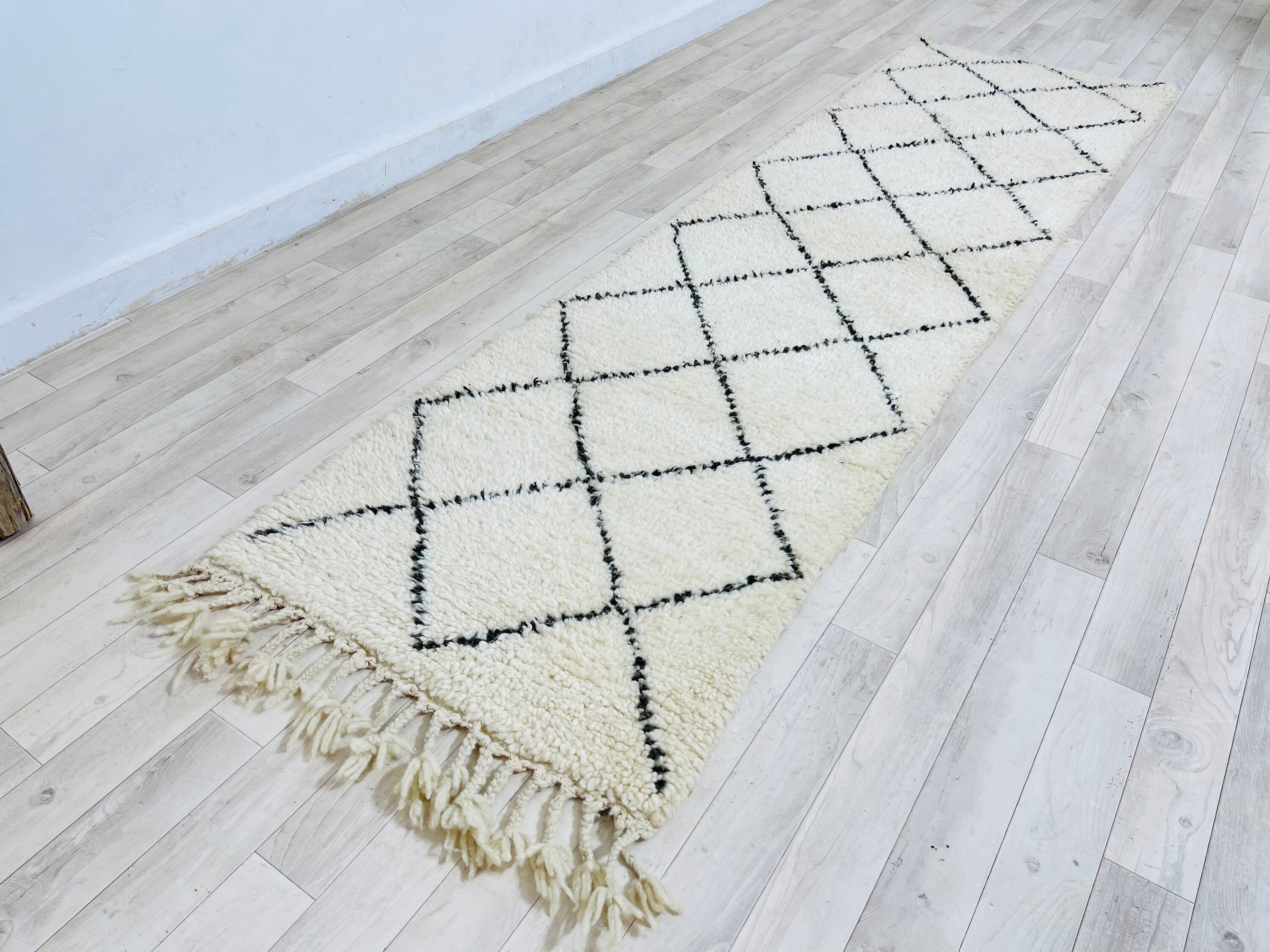 Beni Ourain Wool Runner Entyr Rug Berber Striped Rug, Black & White 8x2 Feet