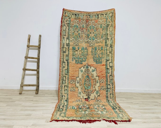 Moroccan Vintage Rug 8.5 x 3.8 FT,Berber Wool Rug,Handmade Style Rug,Pink Turquoise Brown Rug