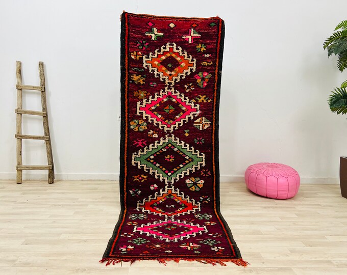 colorful moroccan Rug,Wool Rug,Area rug,Solid Red rug,Tribal rug 8.2x3FT