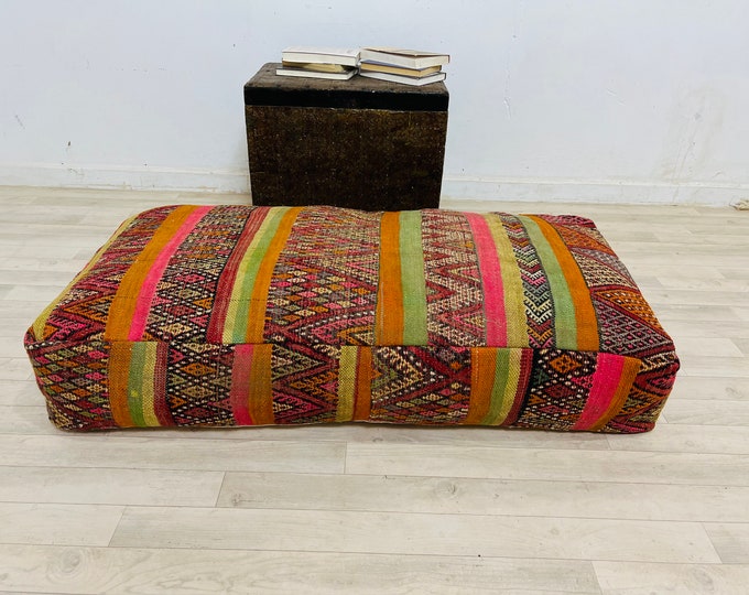 Amazing Moroocan Pouf-Vintage Floor Kilim pouf-Berber outdoor Chair pouf-Rectangular Ottoman Stool Cover 48" 24" 8"