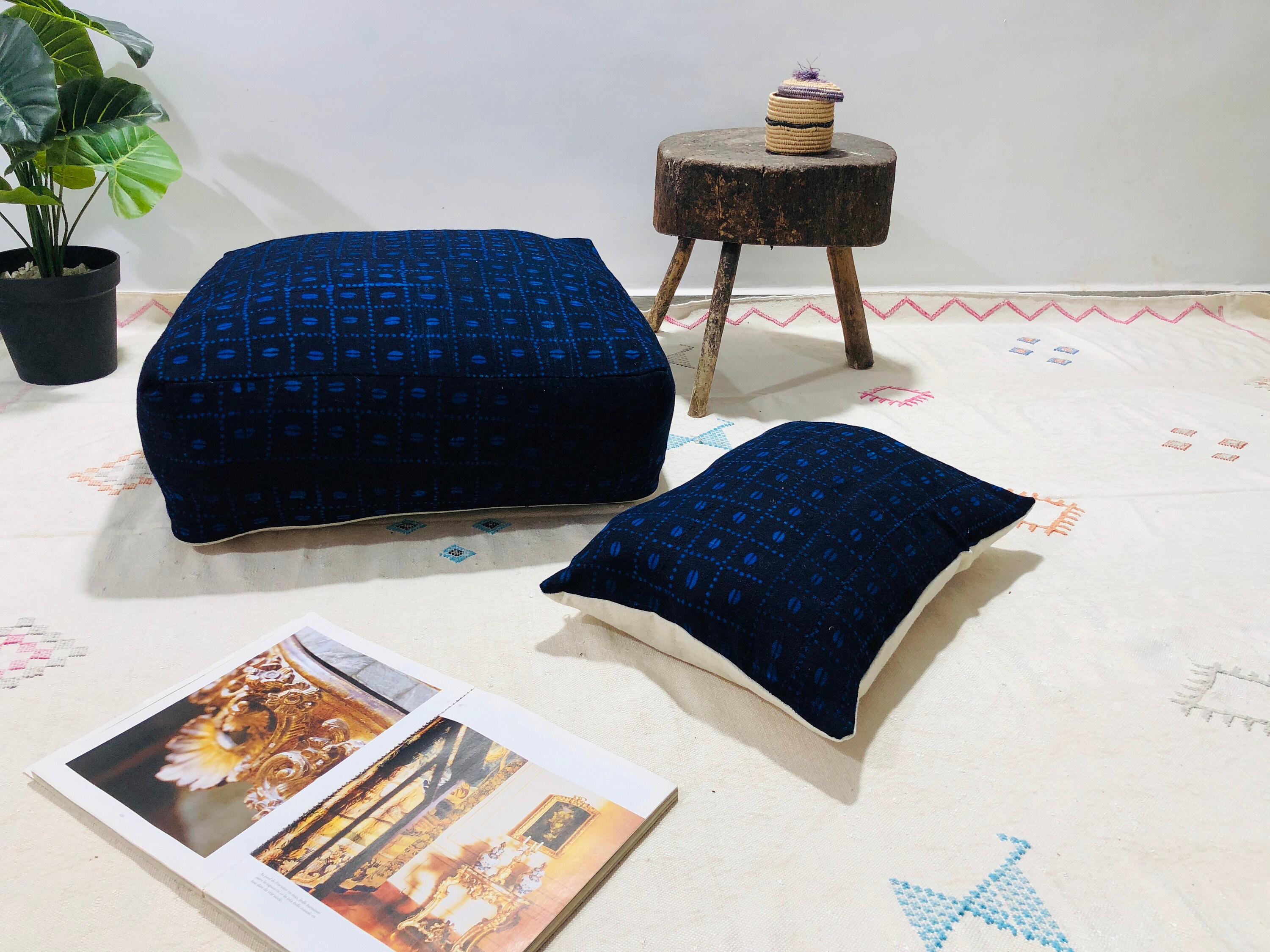Amazing Pouf-Mudcloth Floor-Ottoman-Cushion-Home Decor Pouf-Bleu Pouffe-Pillow Covers-Inser Availabl