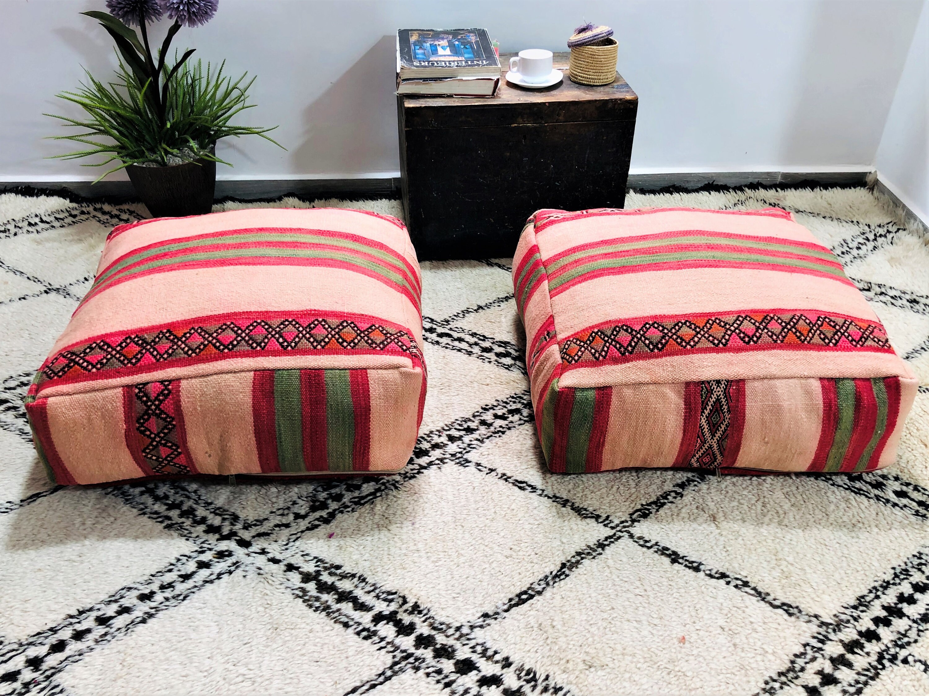 Moroccan Kilim Pouf Ottoman Floor Cushions Pillow Covers 24x24x8 Insert Available Freeshipping