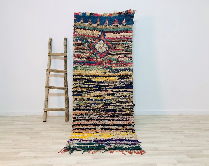 Gorgeous Moroccan boucherouite Vintage rug 7.5x3 Feet,Abstract RUG,Handmade Carpet,Recycled Material,WAK90