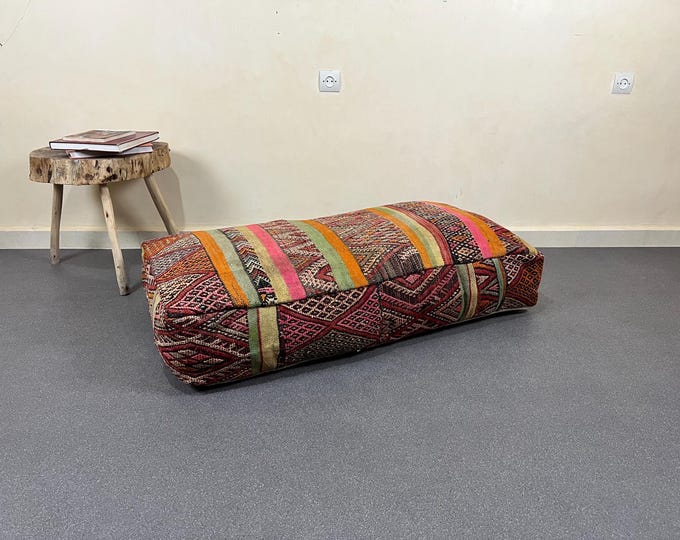 Vintage Moroccan floor cushion Rectangular kilim pouf 48" 24" 8" FREE SHIPPING-The import tax is included to USA