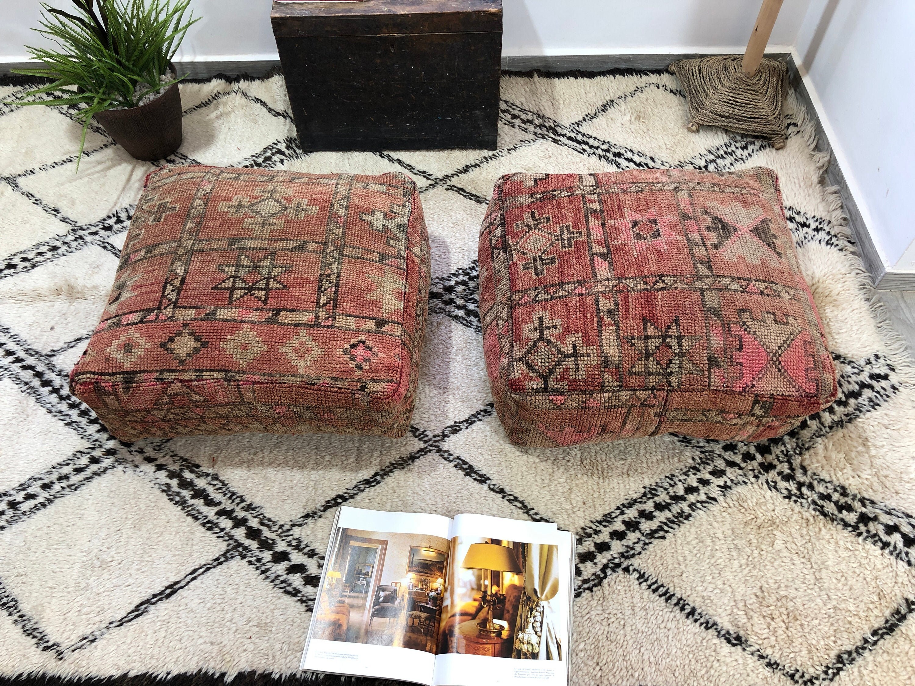 Moroccan Vintage Pouf, Ottoman Floor For Livingroom, Cushion Covers 24x24x8Inch-Beanbag