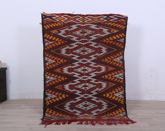 Colorful small kilim rug, wool kilim rug,Woven rug,moroccan kilim rug 4.2x2.9FT