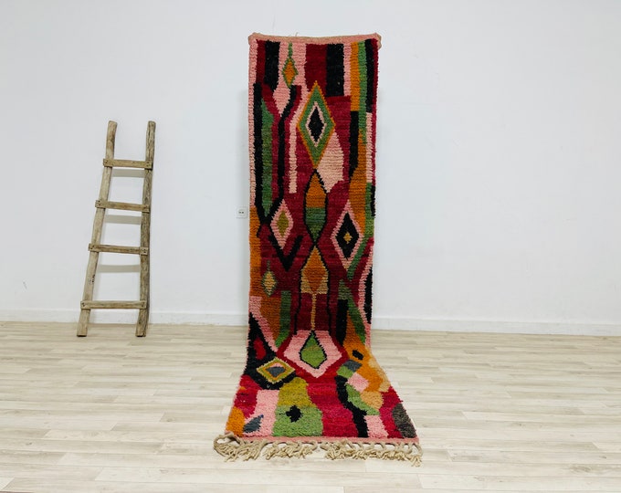 Large Colorful Runner Rug 9.3x2.3Feet Handmade Wool Berber Entryway Rug Handknotted Wool Rug