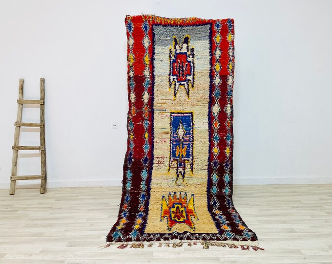 Abstract Colorfuf moroccan rug 8x3-Area rug-Handmade rug-Berber Boho Rug,Gray Yellow Red Blue rug-