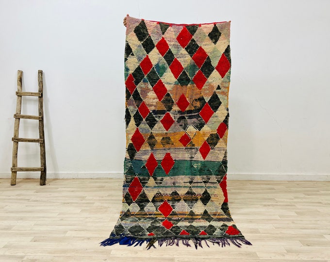 Organic Moroccan Rug,Colorful Boucherouite rug, 7FT X 3FT Berber Rug Handmade Hanbel Rug
