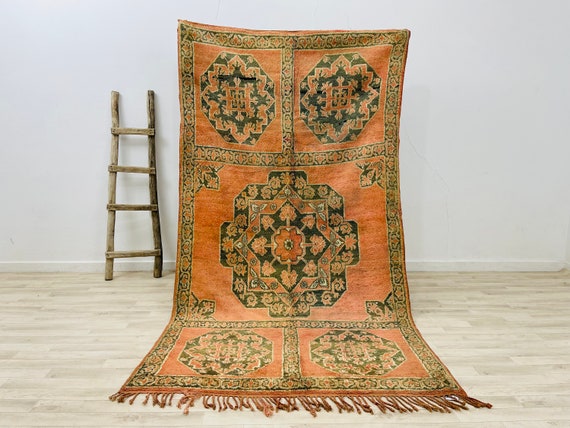 Abstract vintage rug-Tribal wool rug 8.5 x 4.6 FT-Faded pink rug-Area rug-Berber rug