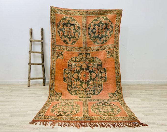 Abstract vintage rug-Tribal wool rug 8.5 x 4.6 FT-Faded pink rug-Area rug-Berber rug