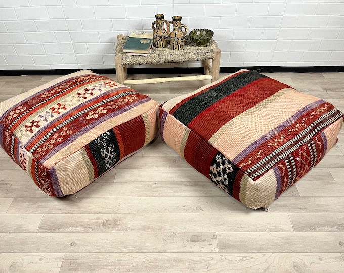 Square Moroccan kilim Floor cushions ottoman pouf covers berber pouf cases 24" x 24" x 8"