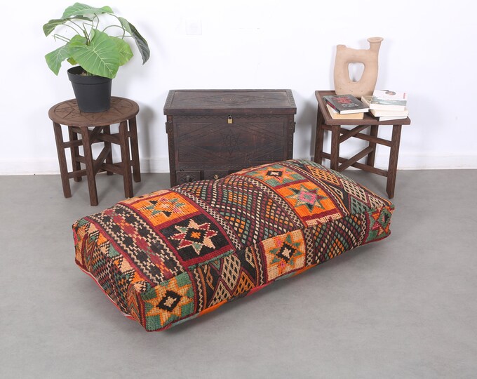 Moroocan fine color Pouf-Vintage Floor Kilim pouf-Berber stool cover,Rectangular Ottoman Stool Cover 48" 24" 8"