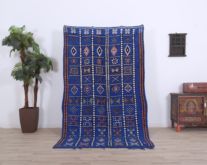Moroccan Rug Blue Berber Vintage Design Rug 7.8 x 4.5 FT