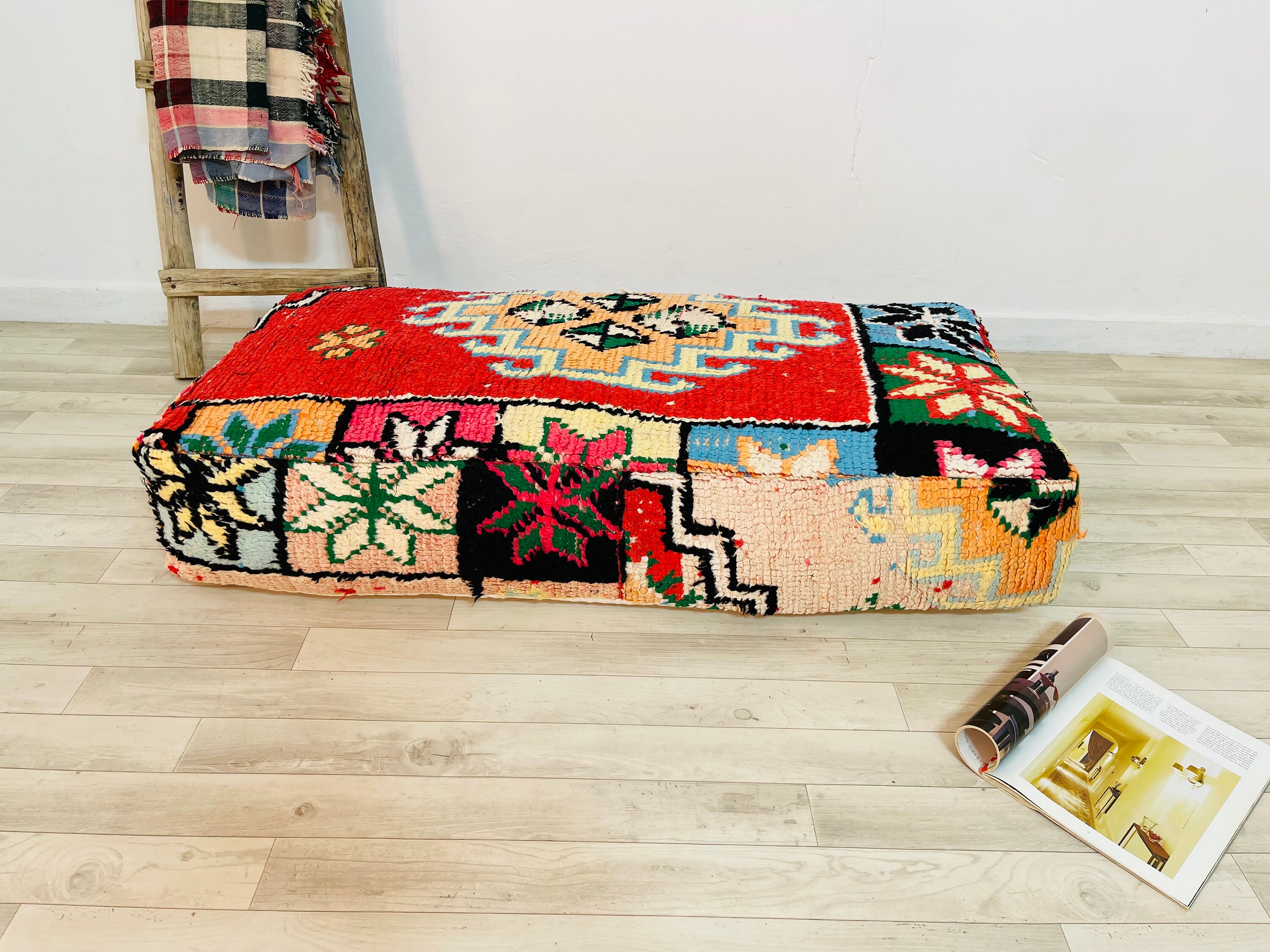 Genuine Colorful Handmade Pouffe-Rectangular Pouf-Ottoman Floor Pouffe-Footstool-Bench Chair Made Fr