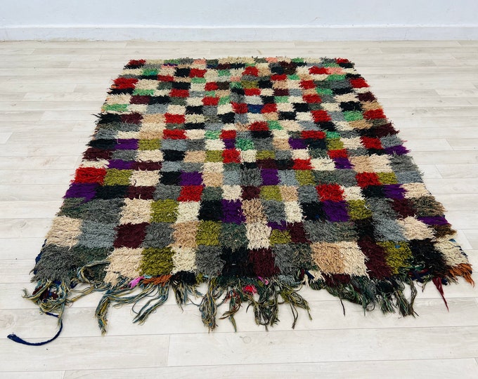 Checkered boujaad rug,Boucherouite rug,Realistic Moroccan rug 4.6ft x 4ft