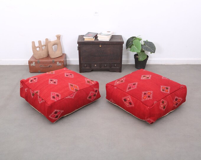 Red kilim pouf,Moroccan ottoman cushion,Handmade floor pouf 24" 24" 8" Inches