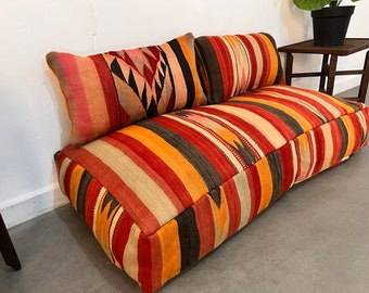 Moroccan kilim pouf, Amazing Berber pouf deal for 2 pillow covers & 1 large floor cushion 48" x 24" 8"/24" x 16"