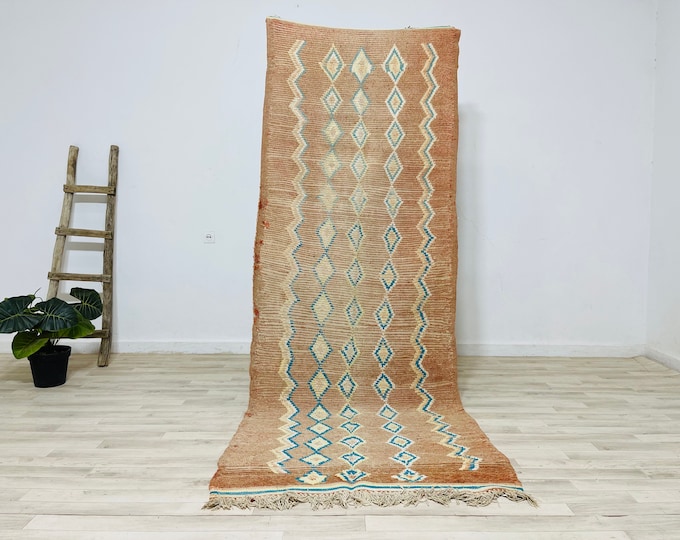 9x3.3 FT Vintage Berber Rug Moroccan Wool Rug Turquoise Carpet Bohemian Style Rug