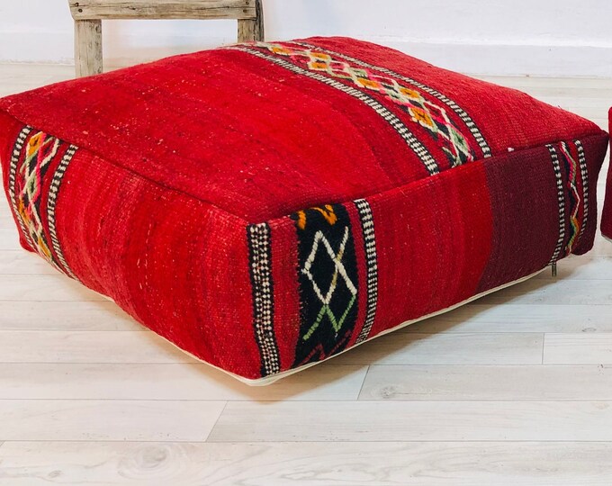 Amazing Red Floor Pillows_Woven Pillow Cover_Vintage killim Pouf_Insert available_24" 24" 8"_freeshipping