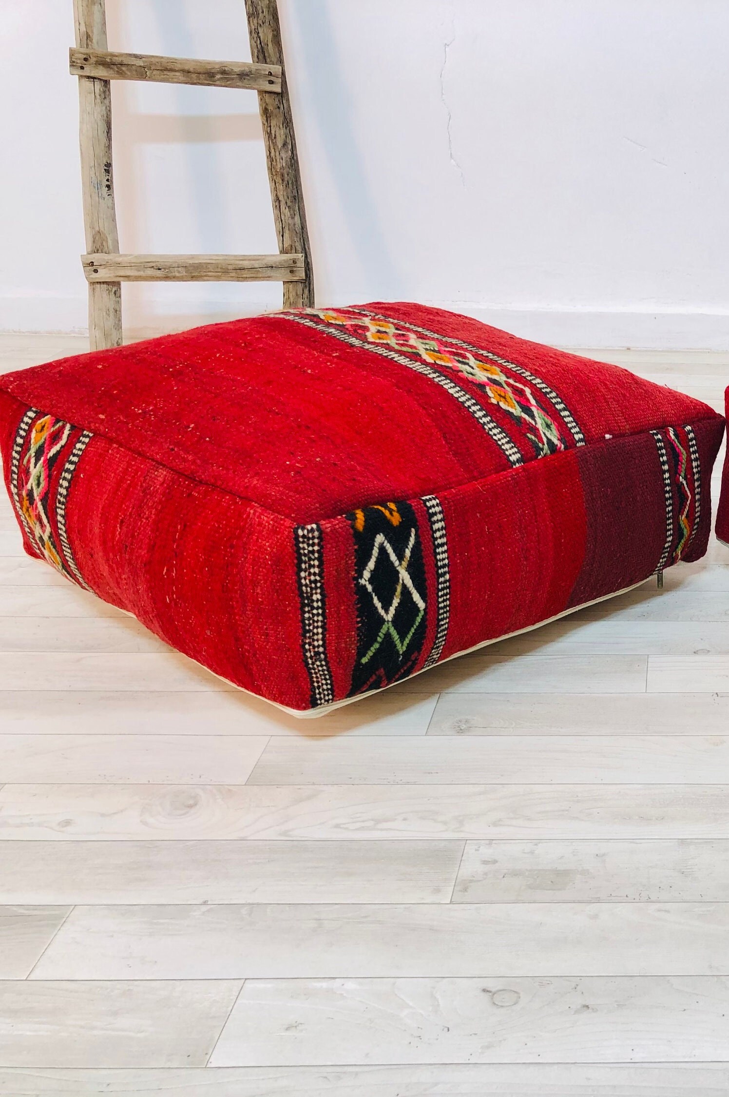 Amazing Red Floor Pillows_Woven Pillow Cover_Vintage Killim Pouf_Insert Available_24 24 8_Freeshippi