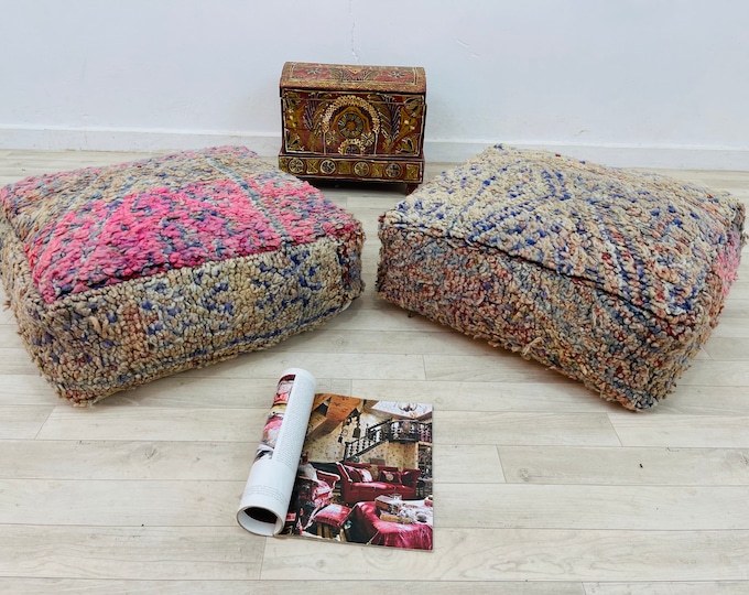Two square vintage  poufs handmade wool floor cushions 24" 24" 8" inches