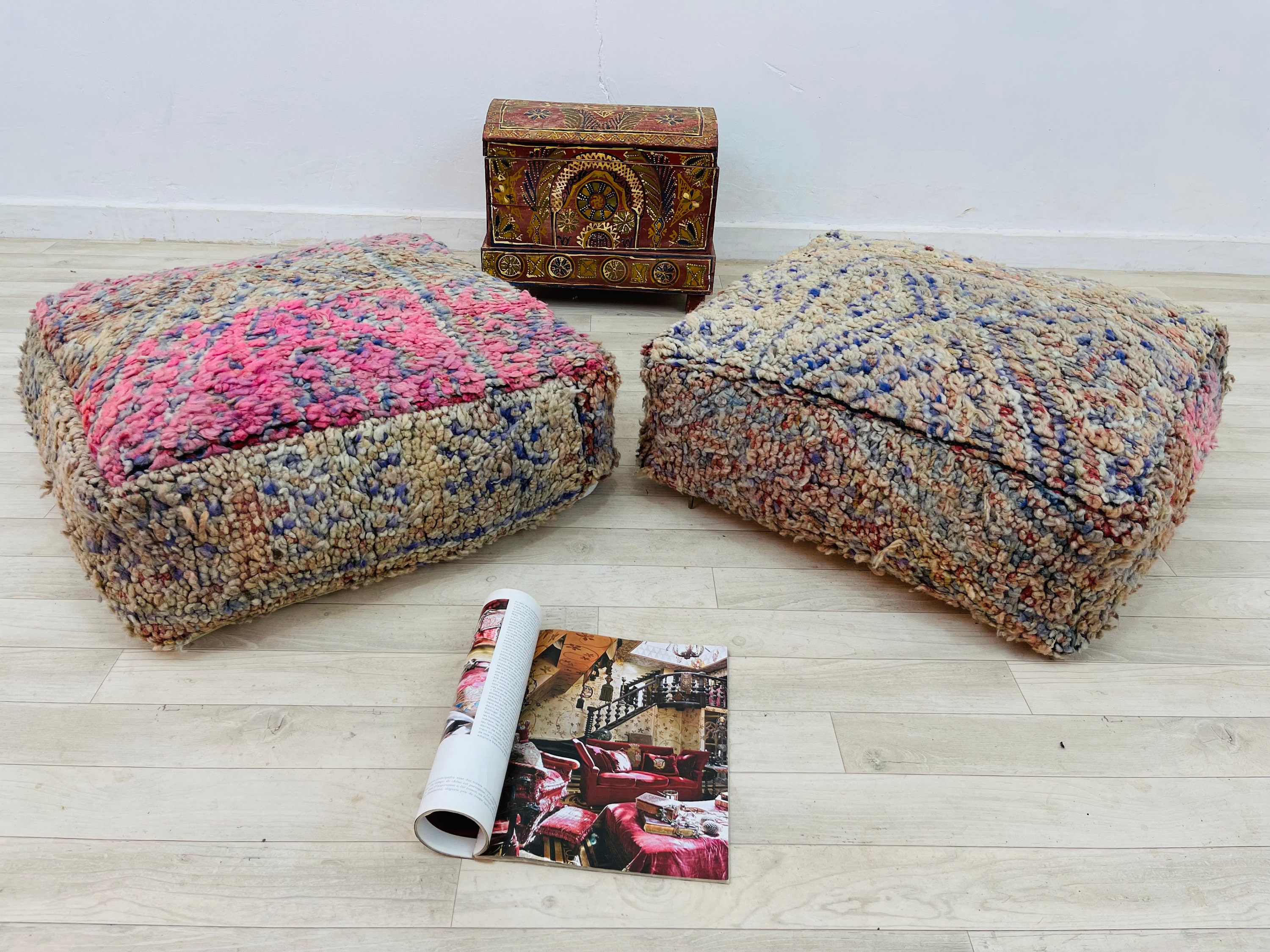 Two Square Vintage Poufs Handmade Wool Floor Cushions 24 8 Inches