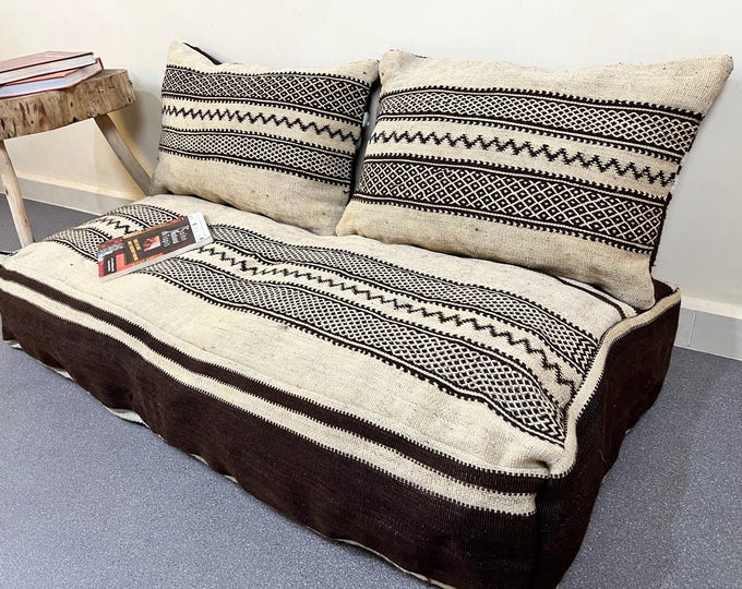 Vintage kilim sofa, Floor couch cover deal for 2 pillow covers & 1 large floor pouf 48" x 24" 8"/24" x 16"