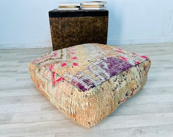 Vintage Square Pouf-Moroccan Floor Cushion-Pink Seat Cushion-Handmade Berber Floor Cushion 24&quot; 24&quot; 8&quot; INCHES