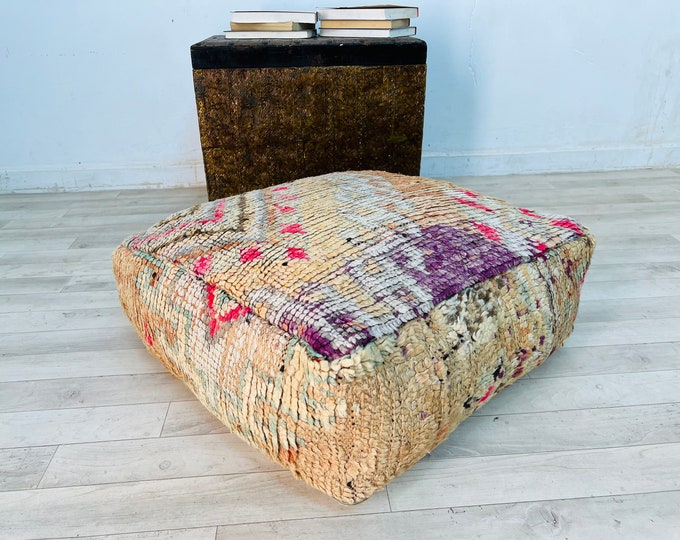 Vintage Square Pouf-Moroccan Floor Cushion-Pink Seat Cushion-Handmade Berber Floor Cushion 24" 24" 8" INCHES