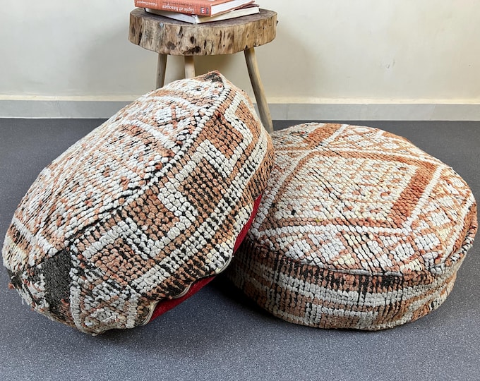 Set of 2 Moroccan Floor Poufs-Kilim wool pouf,Two round pouf 24 x 24 x 8 Inches