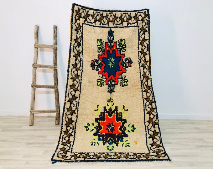 Bohemian rug 6x3-Vintage Abstract Boucherouite rug Ivory Rug From Morocco 6.5x3.7Ft/200x113cm