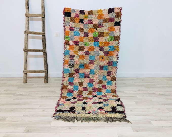 Vintage Boucherouite Moroccan Berber Azilal Rug with Tribal Style,Aprox 5.5x2.4Ft/168x76cm
